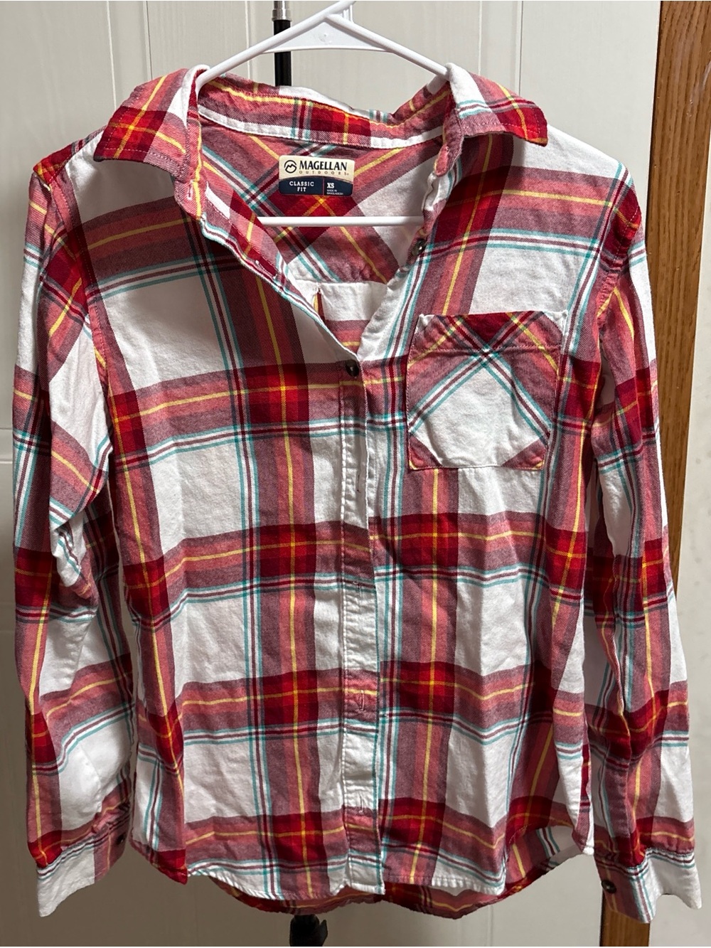 Magellan Outdoors Red, White & Yellow Plaid Shirt with Teal Accents